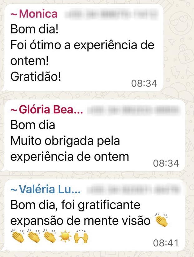 Mensagens de participantes agradecendo pela experiência